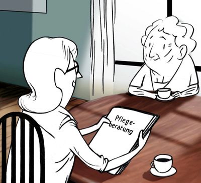 Two women talking about care consultation at a table with coffee.