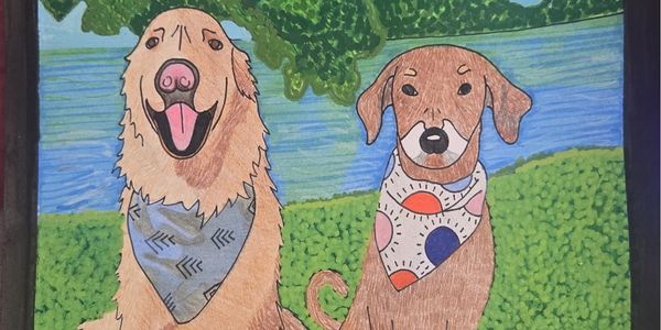A colorful drawing of two dogs wearing bandanas outdoors.