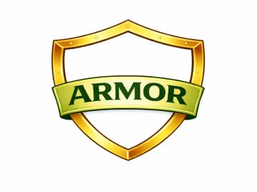 Golden shield with the word 'ARMOR' on a green banner.