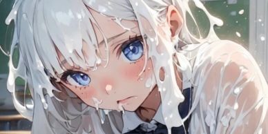 Anime girl drenched with white liquid.