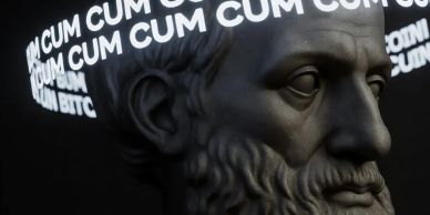 A bust with repeated text projection on it.