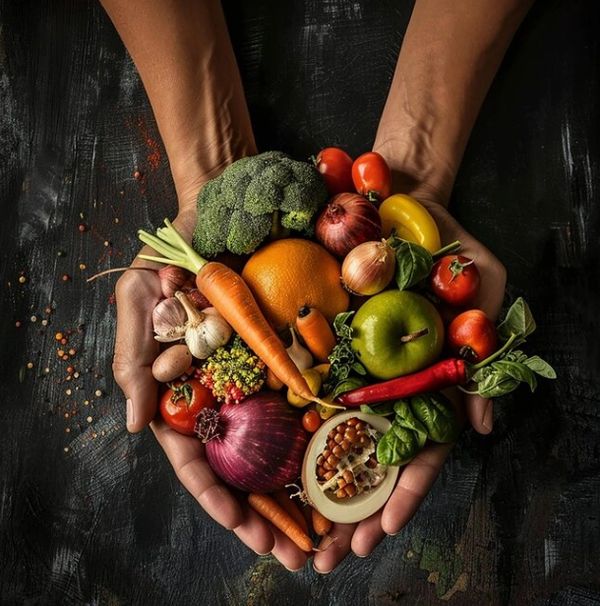 Hands holding a colorful assortment of fresh fruits and vegetables.
