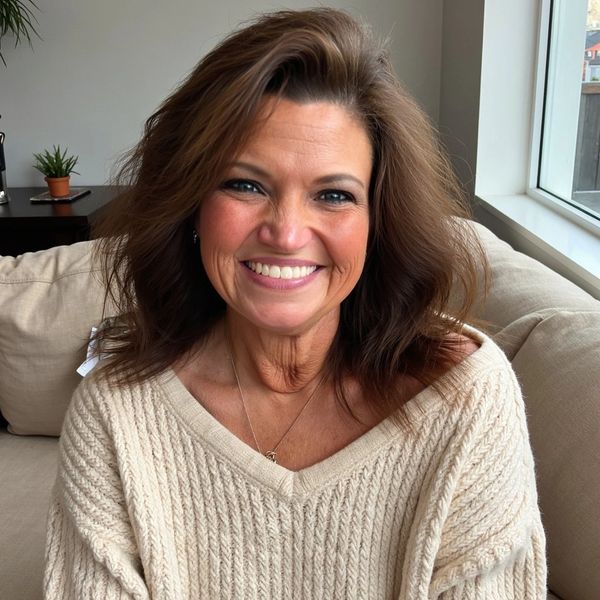 Smiling woman in cozy cream sweater sitting on a beige couch near a window.