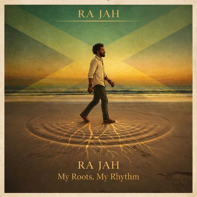 Man walking on beach with glowing roots, album cover for RA JAH's My Roots, My Rhythm.