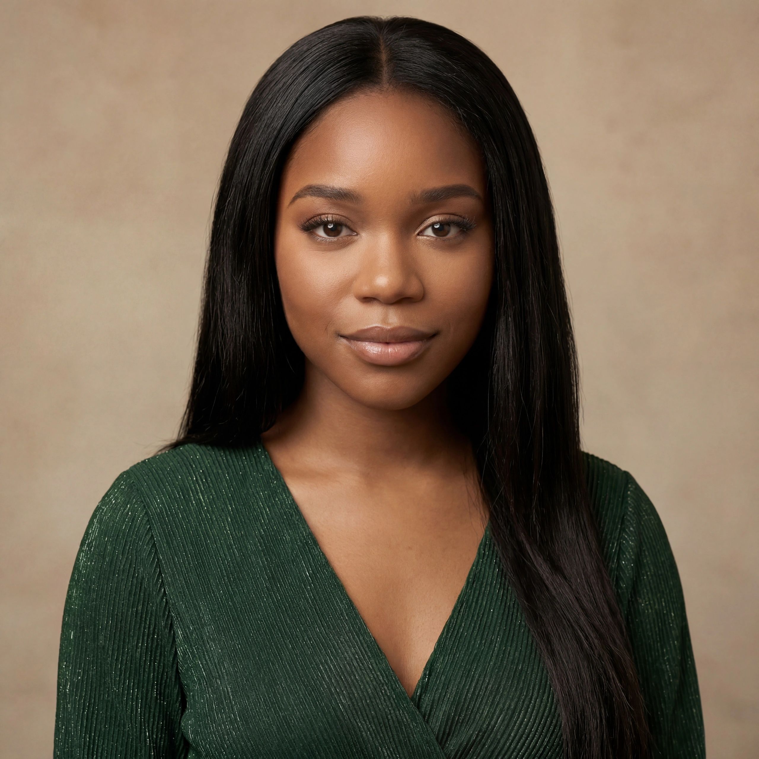 Confident young woman with smooth black hair in a green textured dress.