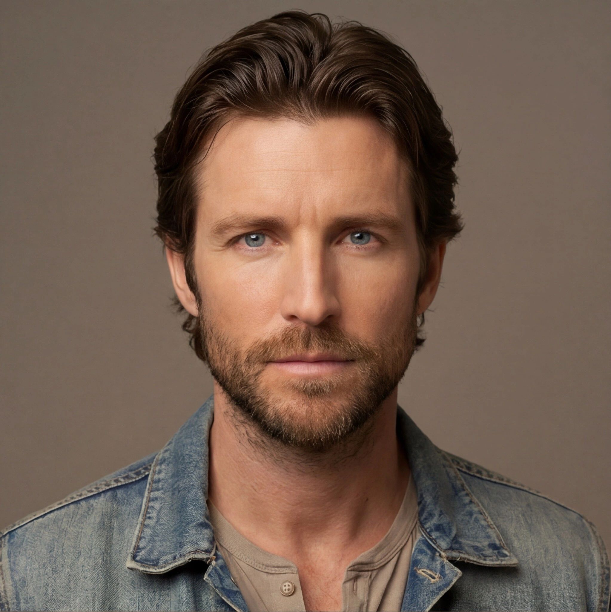 Close-up of a man with blue eyes and beard in a denim jacket.
