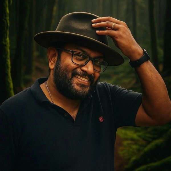 Man smiling and tipping hat in forest.