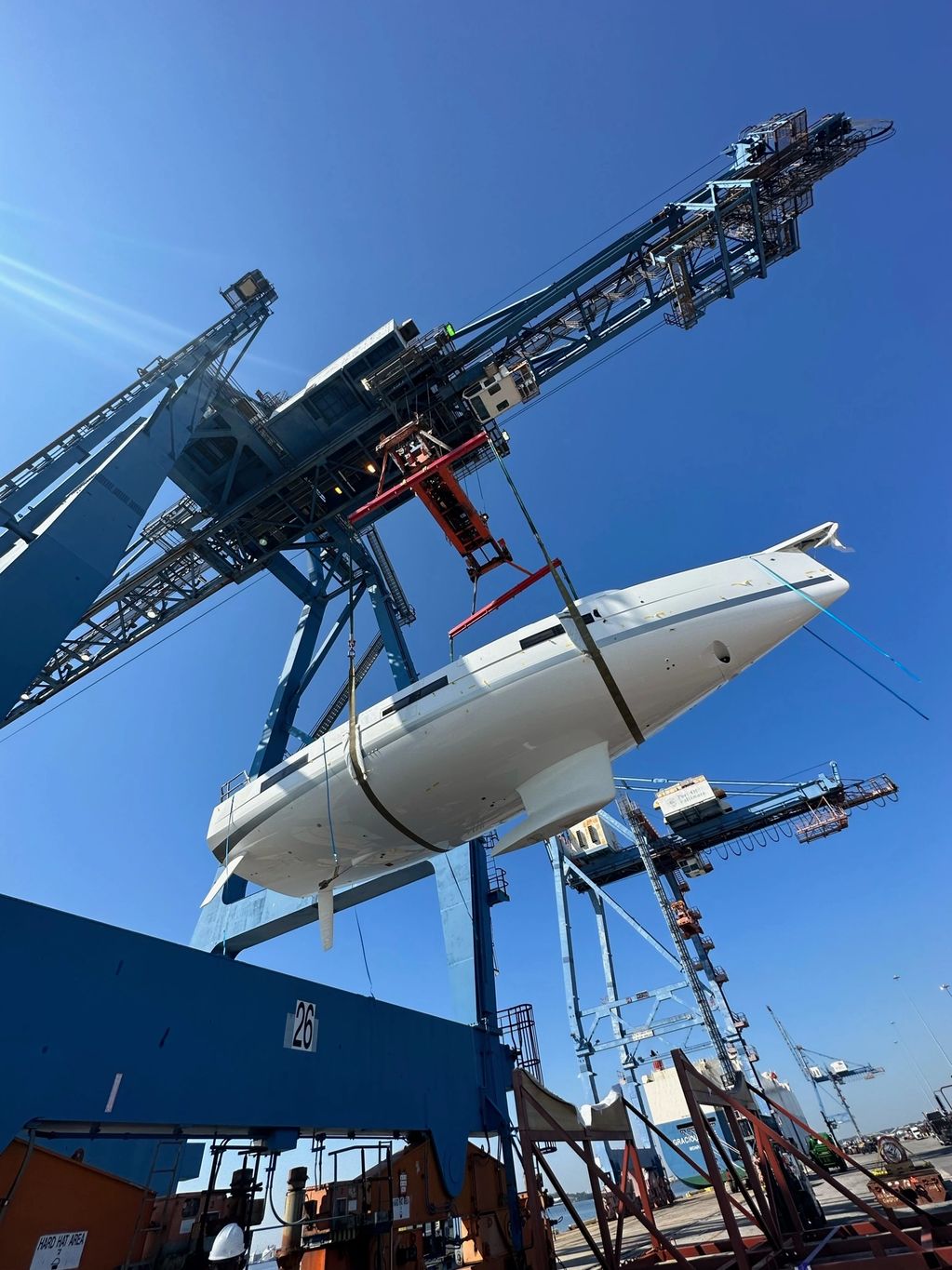 A new Jeanneau being craned off its transport ship at the Port of Baltimore.