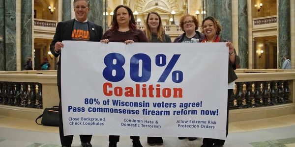 Group holds sign advocating for Wisconsin firearm reform.