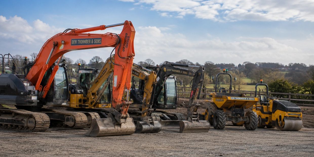 Lineup of colorful construction vehicles at a worksite under a partly cloudy sky.