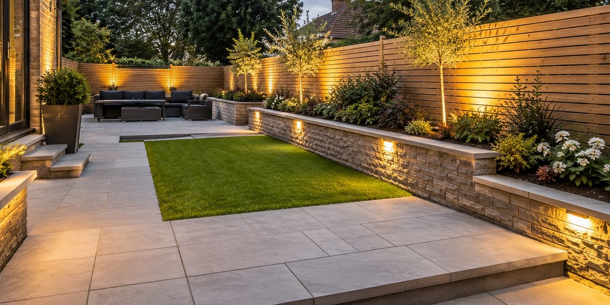 Modern backyard with warm lighting, greenery, and comfortable seating area.