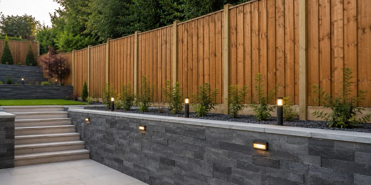 Modern backyard with tiered stone walls, wooden fence, and garden lights.
