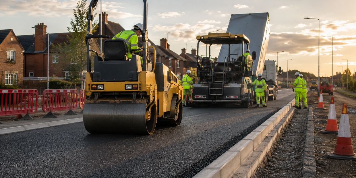 Workers in high-visibility gear operate machinery during road construction at sunset.