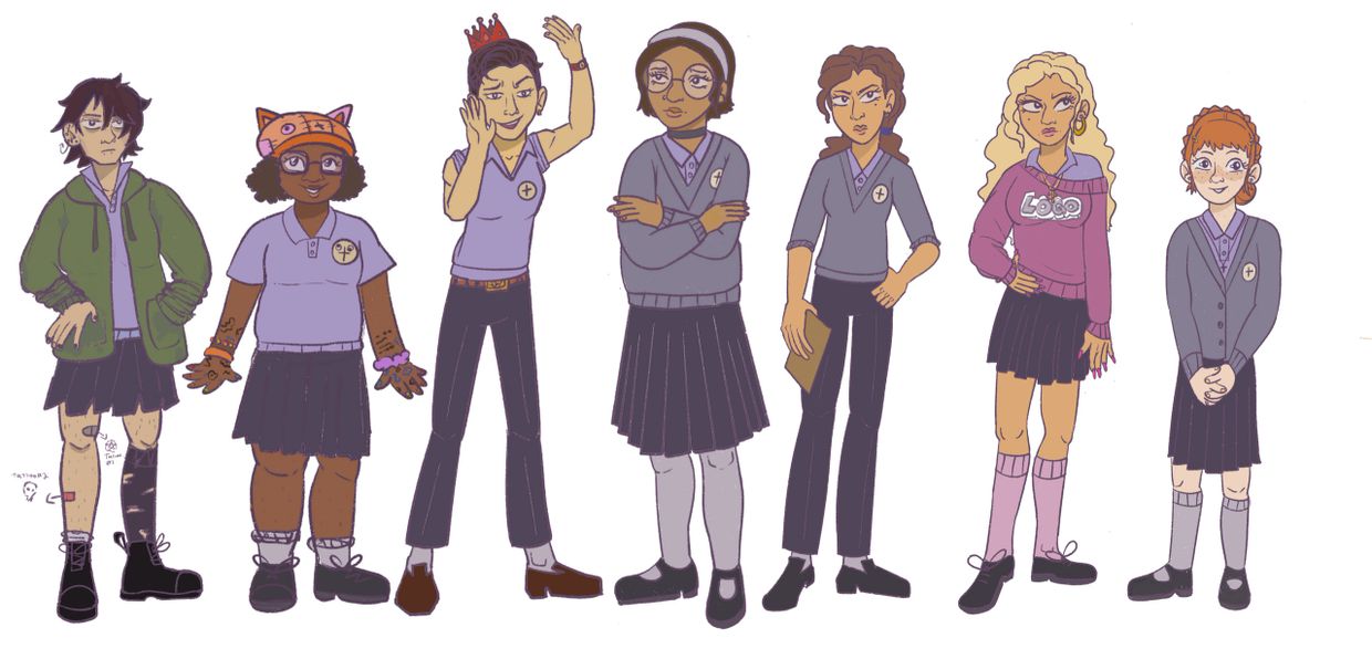 Seven diverse girls in school uniforms with unique styles and expressions.