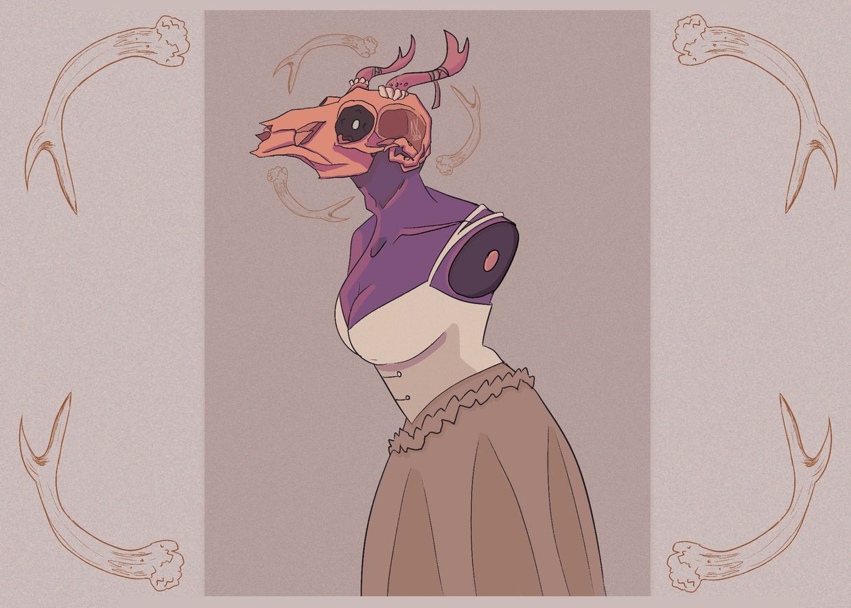 Purple-skinned figure with a deer skull head and elegant dress in muted tones.