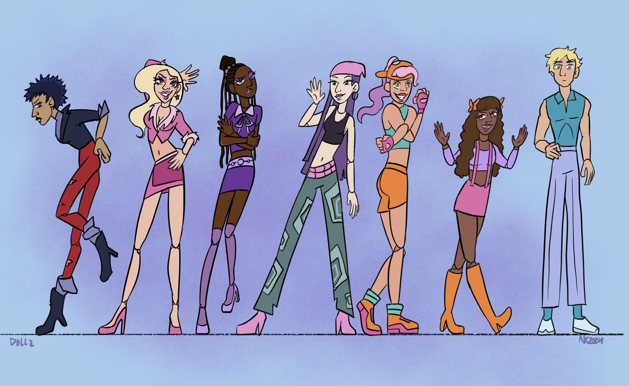 Seven stylized characters in colorful outfits stand against a light blue background.