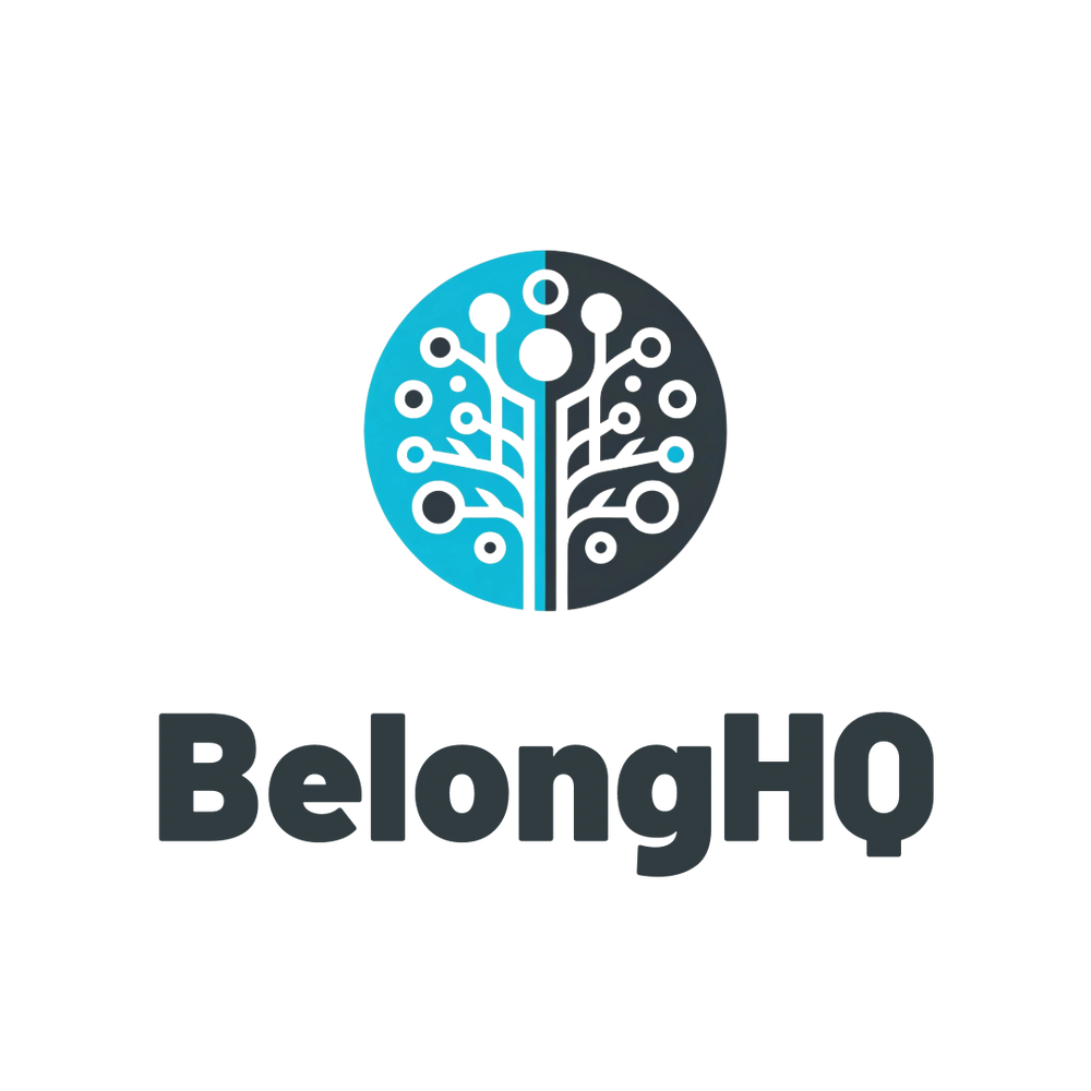 BelongHQ logo with a tech-inspired tree design in blue and black showing growth, thriving, connection, belonging, engagement, psychological safety, inclusion, and purpose