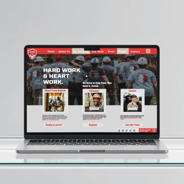 Website homepage showing volunteers helping people with hard work and heart.