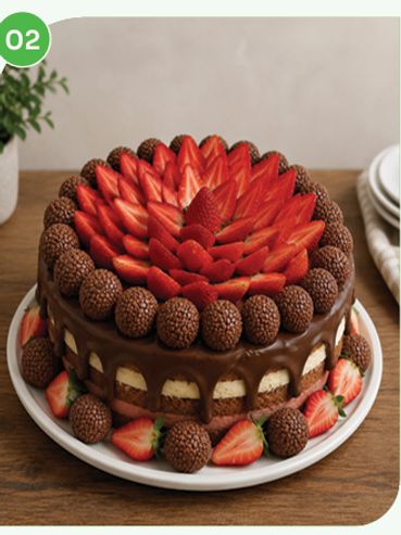 Chocolate cake topped with strawberries and chocolate balls.