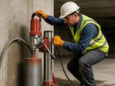 Worker performing concrete core cutting with specialized equipment.