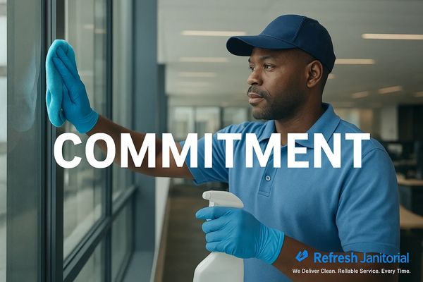 Man cleaning office interior windows