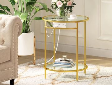 Rolanstar End Table with Charging Station, Round Side Table w/ Double Glass Shelves & Metal Frame.