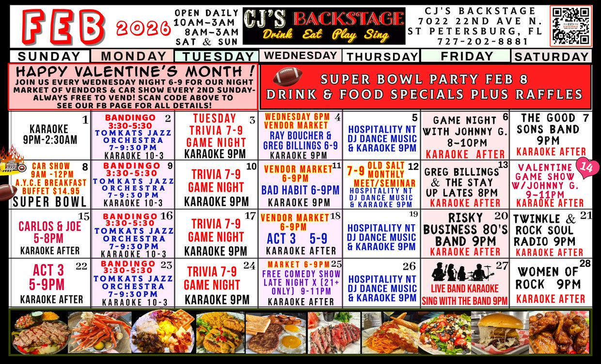 CJ's Backstage Calendar of events St. Petersburg, FL