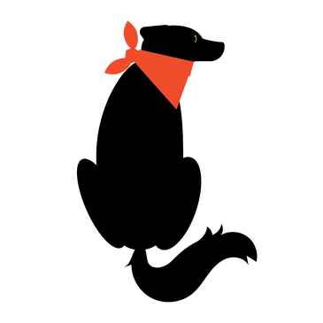 Silhouette of a black dog with a bright red bandana around his neck.  Logo created by JENNIFER HALL.