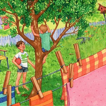 Painting of children playing in the backyard during summer time.Watercolor by JENNIFER HALL.