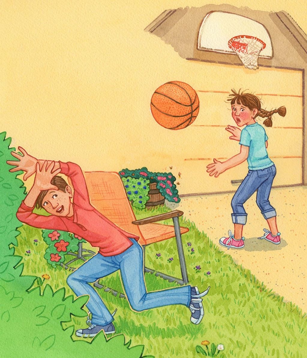 Highlights for Children watercolor art of siblings learning and teaching to throw a basketball.