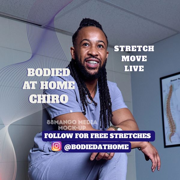 Black male professional. Smiling, wearing blue scrubs. Promoting chiropractic care.