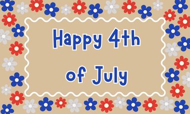 Festive 4th of July greeting with red, white, and blue flowers.