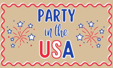Festive "Party in the USA" text with fireworks and stars.