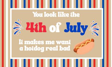Patriotic 4th of July message with hotdog graphic and festive colors.