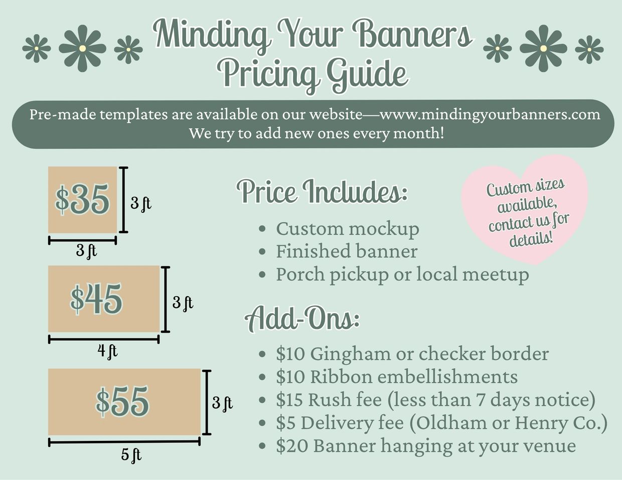 Pricing guide for custom banners with sizes, prices, and add-ons.