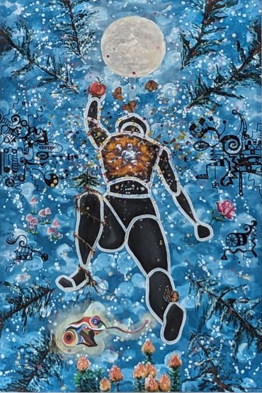 DMT
A figure floats in a blue cumulous sky with a moon overhead and a psychadelic toad at her feet.