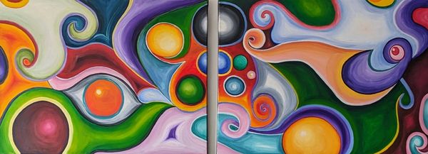 2 canvas staked horizontally, different, but the same and joined. Called Mother and child