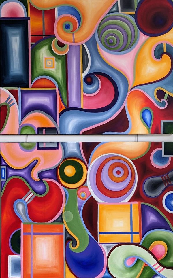 2 canvases stacked vertically with colourful shapes, different, but joined.