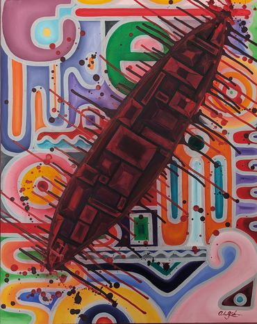 Colourful lines and shapes are slashed with a wound.