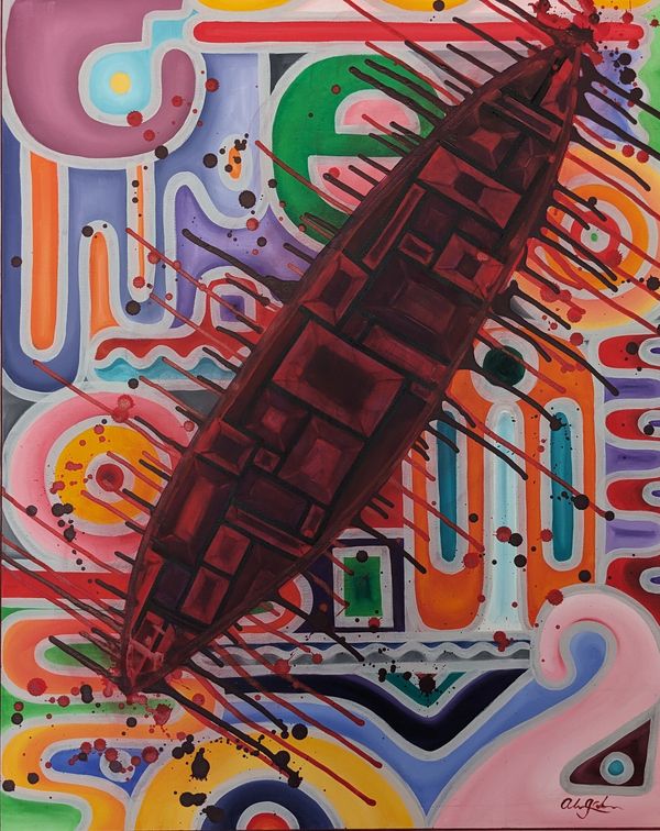Colourful lines and shapes are slashed with a wound.