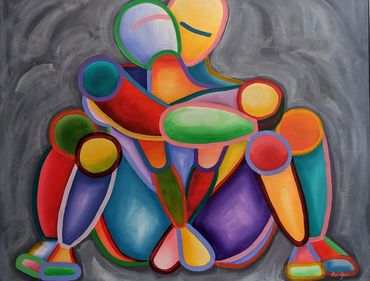 Acrylic painting 100 x 80cm called I've Got You. 2 figures, 1 leaning into the arms of the other.