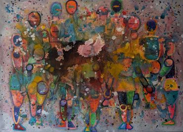 Large group of figures stand together with colourful splashed and dripped paint everywhere.