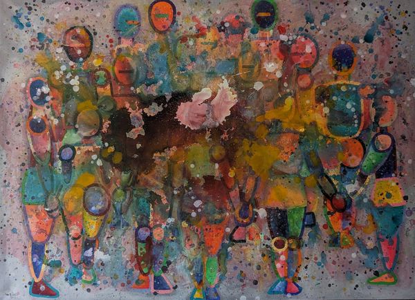 Large group of figures stand together with colourful splashed and dripped paint everywhere.
