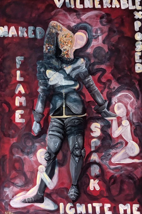 Figure standing in a suit of armour with one are coming out of it and angelic figures surrounding it