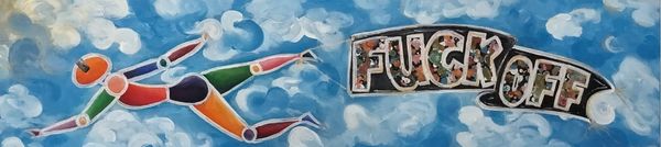 Colourful figure flying through the sky with a banner that says Fuck Off on it.