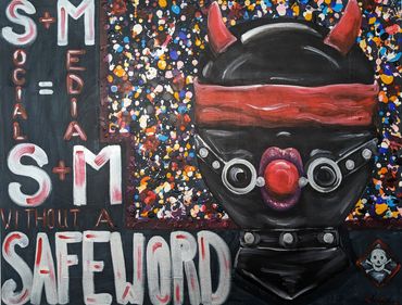 Social Media = S & M without a safe word. A hooded head with devils horns, a blindfold & a ball gag.