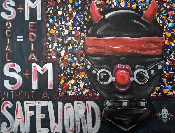 Social Media = S & M without a safe word. A hooded head with devils horns, a blindfold & a ball gag.