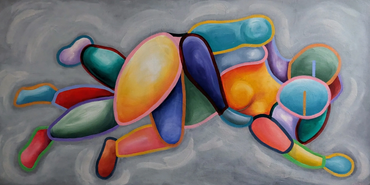 Acrylic painting 150 x 75cm called Tangled. 2 figures spooning arms & legs entwined.