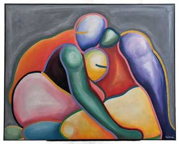 An acrylic painting 100cm x 80cm called Enveloped. There are two figures wrapped in an embrace. 