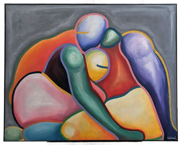 An acrylic painting 100cm x 80cm called Enveloped. There are two figures wrapped in an embrace. Indi